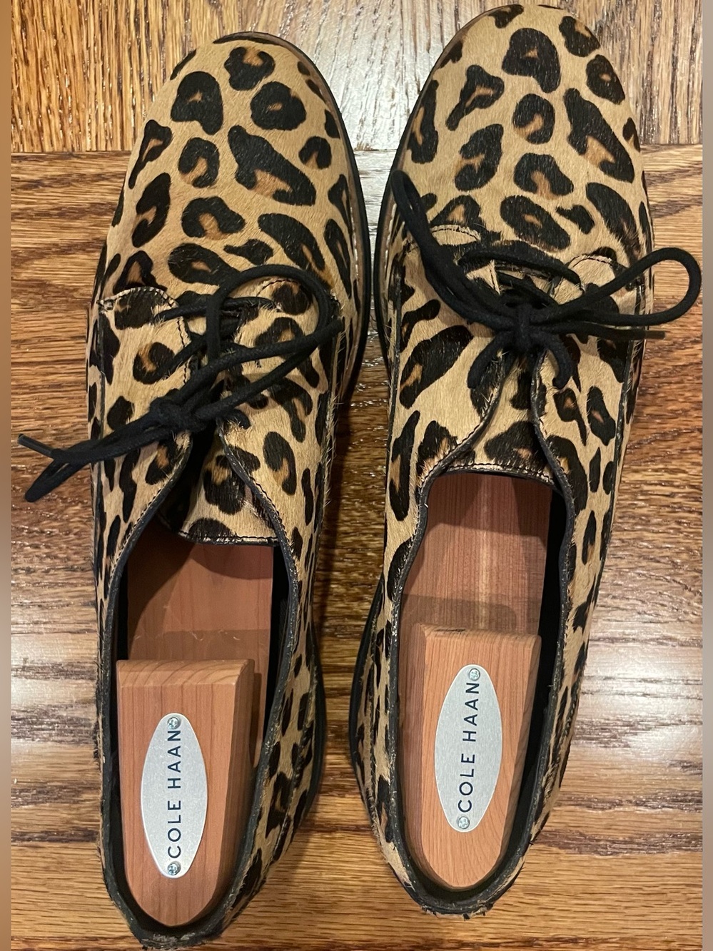 Cole Haan Leopard Print Lace-Up Flat Oxfords- Tan & Black